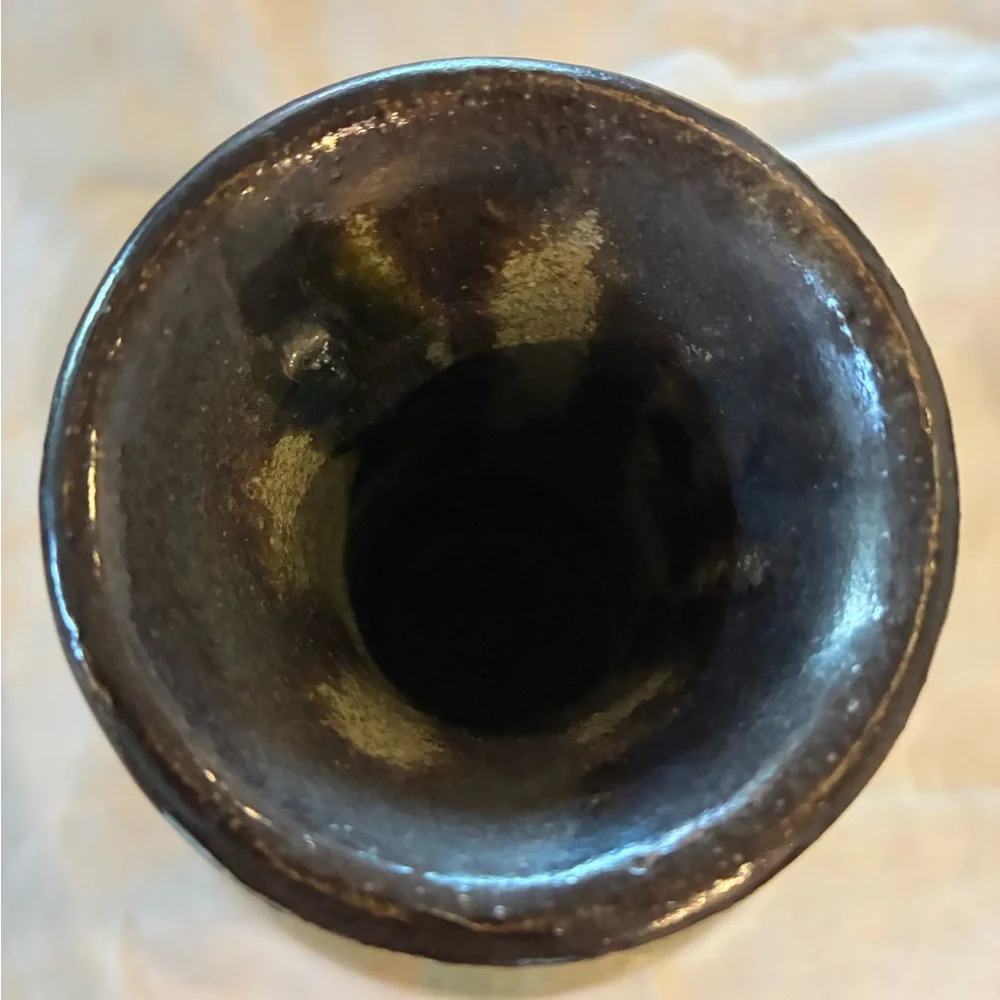 Ceramic Vase Vtg Brown Green Tan Drip Glaze Very Heavy 4.6LBS No Flaws Felt Feet